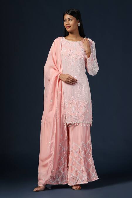 Buy_Two Sisters By Gyans_Pink Crepe, Organza Sequins, Pearls, Floral Embroidered Kurta Set With Dupatta _Online_at_Aza_Fashions