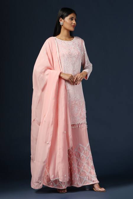 Shop_Two Sisters By Gyans_Pink Crepe, Organza Sequins, Pearls, Floral Embroidered Kurta Set With Dupatta _Online_at_Aza_Fashions