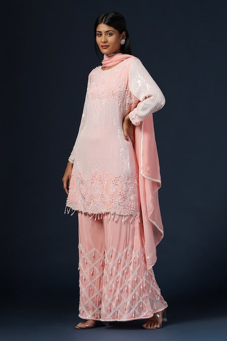 Two Sisters By Gyans_Pink Crepe, Organza Sequins, Pearls, Floral Embroidered Kurta Set With Dupatta _at_Aza_Fashions
