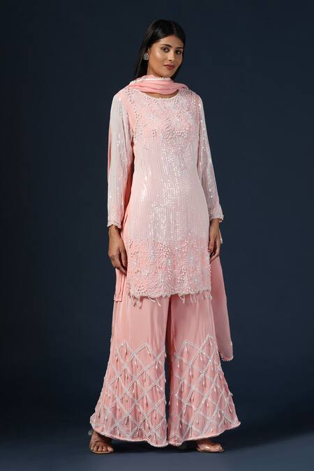 Buy_Two Sisters By Gyans_Pink Crepe, Organza Sequins, Pearls, Floral Embroidered Kurta Set With Dupatta 