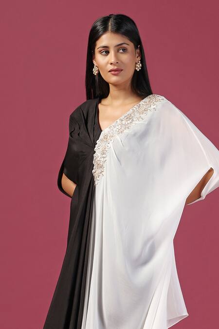 Two Sisters By Gyans_Black Georgette Sequins, Beads V-neck And White Embroidered Kaftan Set _Online_at_Aza_Fashions