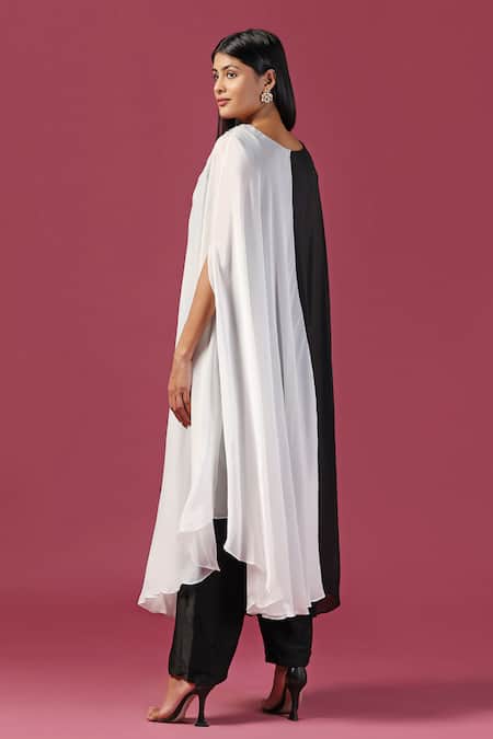 Shop_Two Sisters By Gyans_Black Georgette Sequins, Beads V-neck And White Embroidered Kaftan Set _Online_at_Aza_Fashions