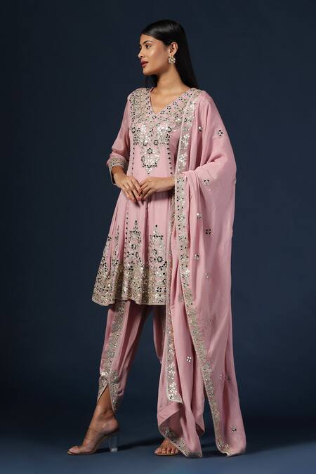 Buy_Two Sisters By Gyans_Purple Georgette Zari, Mirrors V-neck Embroidered Lilac Anarkali Set _Online_at_Aza_Fashions