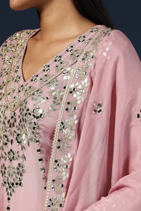 Shop_Two Sisters By Gyans_Purple Georgette Zari, Mirrors V-neck Embroidered Lilac Anarkali Set _Online_at_Aza_Fashions