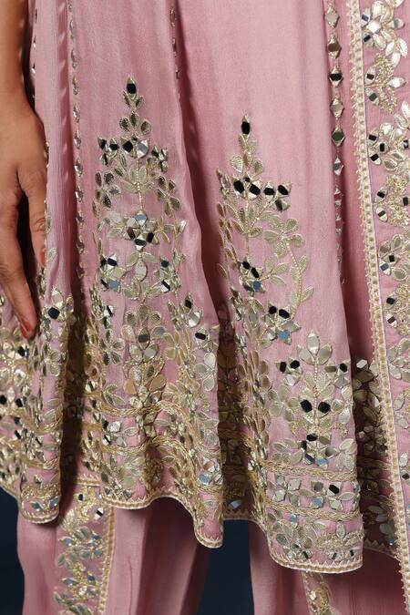 Two Sisters By Gyans_Purple Georgette Zari, Mirrors V-neck Embroidered Lilac Anarkali Set _at_Aza_Fashions