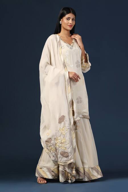 Shop Two Sisters By Gyans Off White Georgette Sequins, Applique Embroidered Floral Kurta Sharara Set Online at Aza Fashions Shop_Two Sisters By Gyans_Off White Georgette Sequins, Applique Embroidered Floral Kurta Sharara Set _Online_at_Aza_Fashions