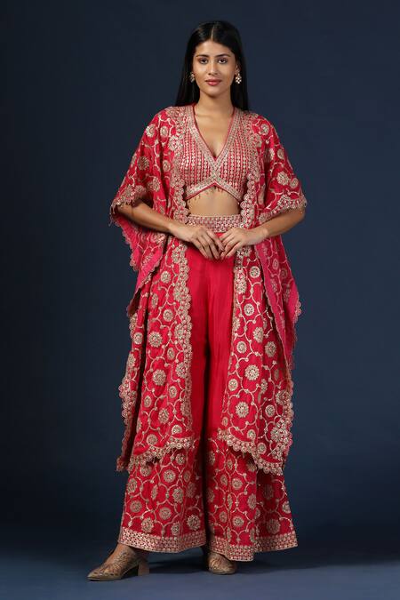 Buy Two Sisters By Gyans Fuchsia Georgette Sequins V-neck Floral Embroidered Cape Sharara Set Online at Aza Fashions Buy_Two Sisters By Gyans_Fuchsia Georgette Sequins V-neck Floral Embroidered Cape Sharara Set_Online_at_Aza_Fashions