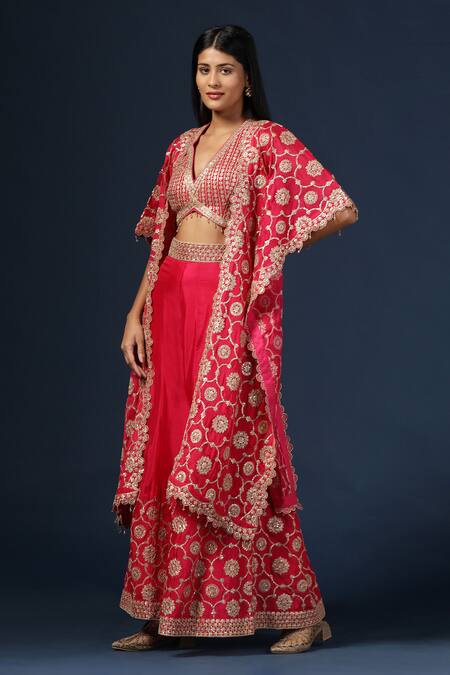 Shop Two Sisters By Gyans Fuchsia Georgette Sequins V-neck Floral Embroidered Cape Sharara Set Online at Aza Fashions Shop_Two Sisters By Gyans_Fuchsia Georgette Sequins V-neck Floral Embroidered Cape Sharara Set_Online_at_Aza_Fashions