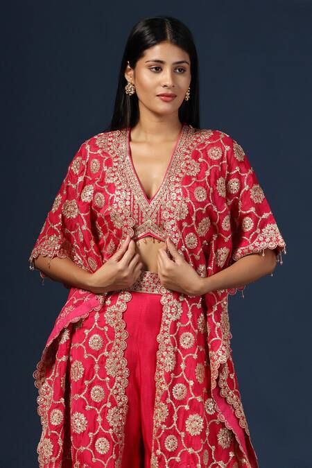 Two Sisters By Gyans Fuchsia Georgette Sequins V-neck Floral Embroidered Cape Sharara Set at Aza Fashions Two Sisters By Gyans_Fuchsia Georgette Sequins V-neck Floral Embroidered Cape Sharara Set_at_Aza_Fashions