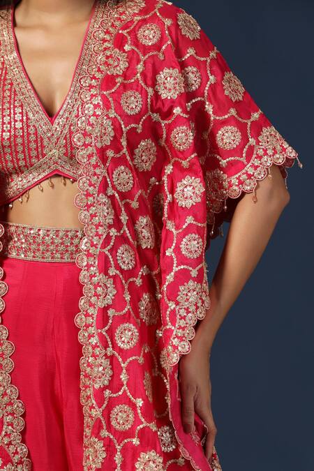 Buy Two Sisters By Gyans Fuchsia Georgette Sequins V-neck Floral Embroidered Cape Sharara Set Buy_Two Sisters By Gyans_Fuchsia Georgette Sequins V-neck Floral Embroidered Cape Sharara Set