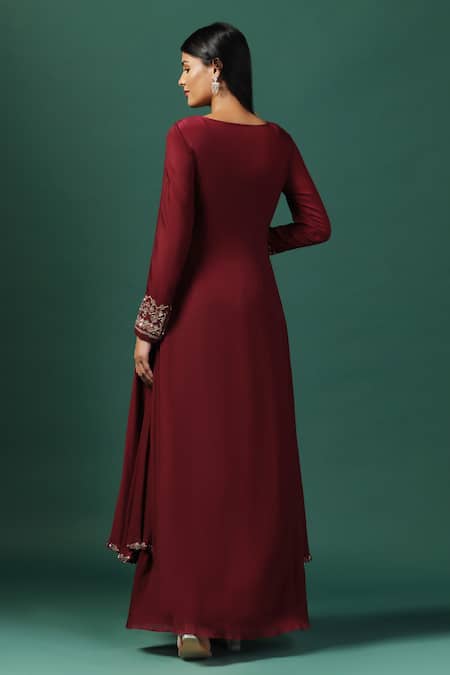Two Sisters By Gyans Embroidered Maroon Draped Gown 