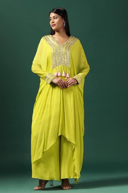 Buy_Two Sisters By Gyans_Green Georgette Tassels V-neck Floral Sequin Embroidered Kaftan And Pant Set _Online_at_Aza_Fashions