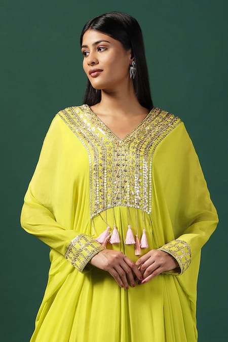 Shop_Two Sisters By Gyans_Green Georgette Tassels V-neck Floral Sequin Embroidered Kaftan And Pant Set _Online_at_Aza_Fashions