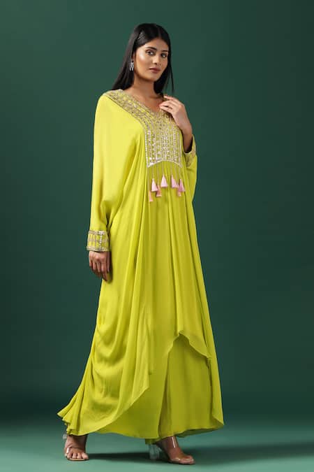 Shop_Two Sisters By Gyans_Green Georgette Tassels V-neck Floral Sequin Embroidered Kaftan And Pant Set 