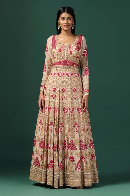 Two Sisters By Gyans Beige Net, Georgette Sequins, Pearls Rose Garden Embroidered Anarkali Set Online at Aza Fashions Two Sisters By Gyans_Beige Net, Georgette Sequins, Pearls Rose Garden Embroidered Anarkali Set _Online_at_Aza_Fashions