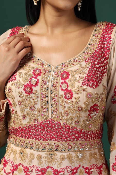 Shop Two Sisters By Gyans Beige Net, Georgette Sequins, Pearls Rose Garden Embroidered Anarkali Set Online at Aza Fashions Shop_Two Sisters By Gyans_Beige Net, Georgette Sequins, Pearls Rose Garden Embroidered Anarkali Set _Online_at_Aza_Fashions