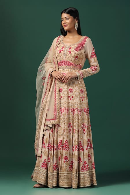 Two Sisters By Gyans Beige Net, Georgette Sequins, Pearls Rose Garden Embroidered Anarkali Set at Aza Fashions Two Sisters By Gyans_Beige Net, Georgette Sequins, Pearls Rose Garden Embroidered Anarkali Set _at_Aza_Fashions