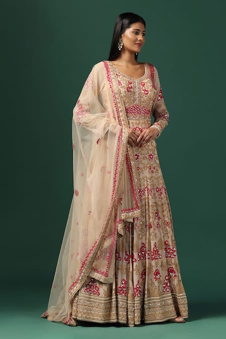 Buy Two Sisters By Gyans Beige Net, Georgette Sequins, Pearls Rose Garden Embroidered Anarkali Set Buy_Two Sisters By Gyans_Beige Net, Georgette Sequins, Pearls Rose Garden Embroidered Anarkali Set