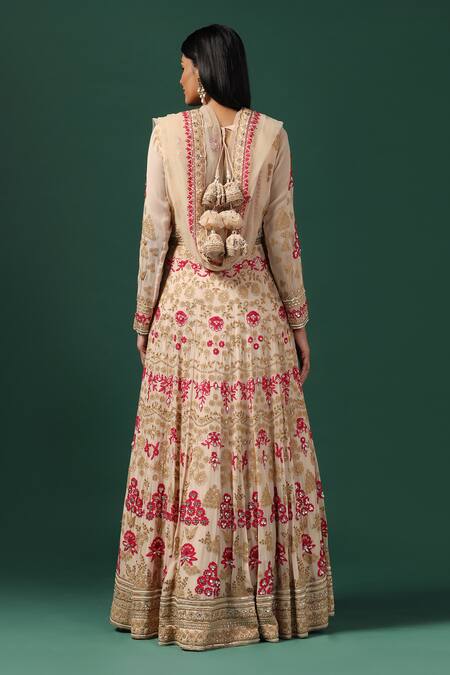 Shop Two Sisters By Gyans Beige Net, Georgette Sequins, Pearls Rose Garden Embroidered Anarkali Set Shop_Two Sisters By Gyans_Beige Net, Georgette Sequins, Pearls Rose Garden Embroidered Anarkali Set