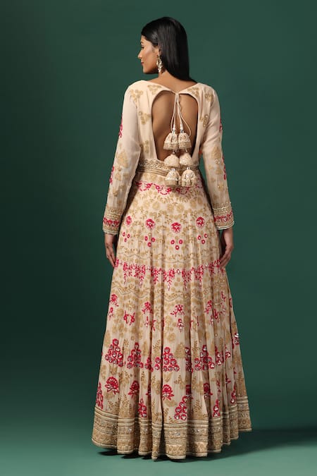 Shop Two Sisters By Gyans Beige Net, Georgette Sequins, Pearls Rose Garden Embroidered Anarkali Set at Aza Fashions Shop_Two Sisters By Gyans_Beige Net, Georgette Sequins, Pearls Rose Garden Embroidered Anarkali Set _at_Aza_Fashions
