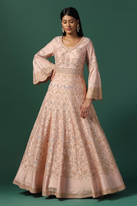 Two Sisters By Gyans Peach Net, Georgette Sequins, Cut Work, Zari Gardenia Embroidered Anarkali Set Online at Aza Fashions Two Sisters By Gyans_Peach Net, Georgette Sequins, Cut Work, Zari Gardenia Embroidered Anarkali Set _Online_at_Aza_Fashions