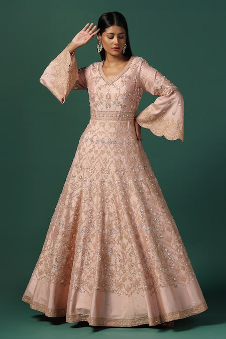 Buy Two Sisters By Gyans Peach Net, Georgette Sequins, Cut Work, Zari Gardenia Embroidered Anarkali Set Online at Aza Fashions Buy_Two Sisters By Gyans_Peach Net, Georgette Sequins, Cut Work, Zari Gardenia Embroidered Anarkali Set _Online_at_Aza_Fashions