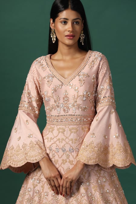 Shop Two Sisters By Gyans Peach Net, Georgette Sequins, Cut Work, Zari Gardenia Embroidered Anarkali Set Online at Aza Fashions Shop_Two Sisters By Gyans_Peach Net, Georgette Sequins, Cut Work, Zari Gardenia Embroidered Anarkali Set _Online_at_Aza_Fashions