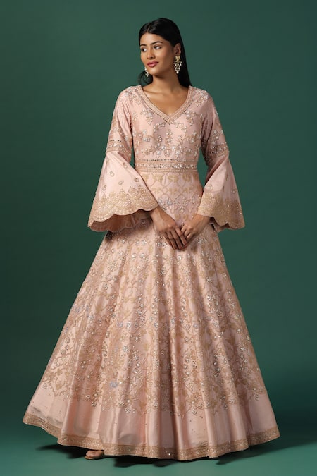 Two Sisters By Gyans Peach Net, Georgette Sequins, Cut Work, Zari Gardenia Embroidered Anarkali Set at Aza Fashions Two Sisters By Gyans_Peach Net, Georgette Sequins, Cut Work, Zari Gardenia Embroidered Anarkali Set _at_Aza_Fashions