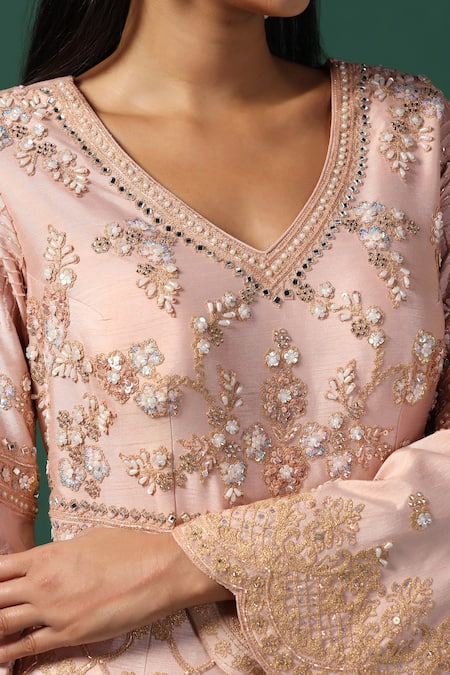 Buy Two Sisters By Gyans Peach Net, Georgette Sequins, Cut Work, Zari Gardenia Embroidered Anarkali Set Buy_Two Sisters By Gyans_Peach Net, Georgette Sequins, Cut Work, Zari Gardenia Embroidered Anarkali Set