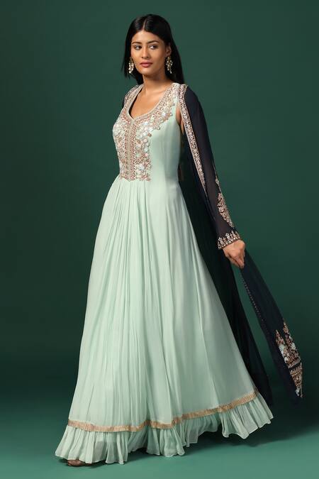 Two Sisters By Gyans Green Net, Georgette Sequins, Stones, Zari Midnight Blue Cape With Sea Anarkali at Aza Fashions Two Sisters By Gyans_Green Net, Georgette Sequins, Stones, Zari Midnight Blue Cape With Sea Anarkali _at_Aza_Fashions