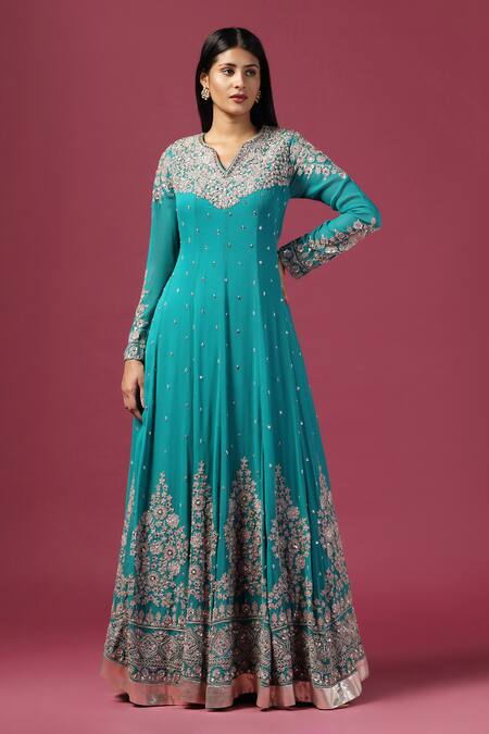 Two Sisters By Gyans_Green Georgette Sequins, Zari Split Ambrosia Bloom Embroidered Anarkali Set _Online_at_Aza_Fashions