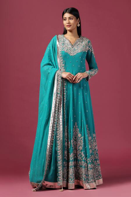 Buy_Two Sisters By Gyans_Green Georgette Sequins, Zari Split Ambrosia Bloom Embroidered Anarkali Set _Online_at_Aza_Fashions