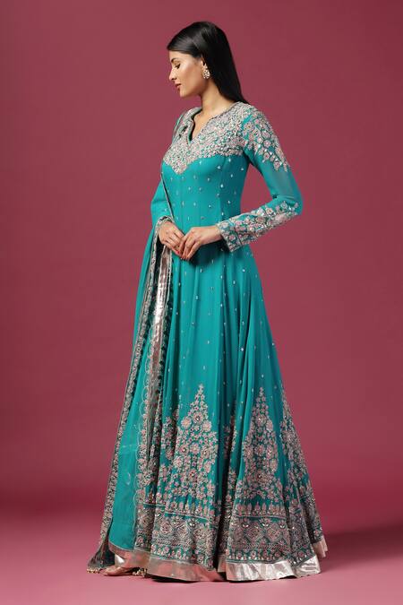 Shop_Two Sisters By Gyans_Green Georgette Sequins, Zari Split Ambrosia Bloom Embroidered Anarkali Set _Online_at_Aza_Fashions