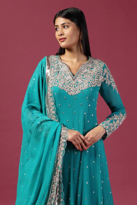 Two Sisters By Gyans_Green Georgette Sequins, Zari Split Ambrosia Bloom Embroidered Anarkali Set _at_Aza_Fashions