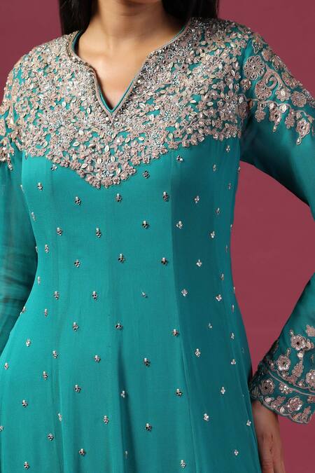 Buy_Two Sisters By Gyans_Green Georgette Sequins, Zari Split Ambrosia Bloom Embroidered Anarkali Set 