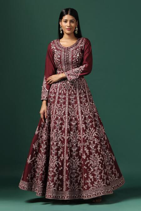 Two Sisters By Gyans_Maroon Net, Georgette Sequins, Pearls, Bahara Bloom Embroidered Anarkali Set _Online_at_Aza_Fashions