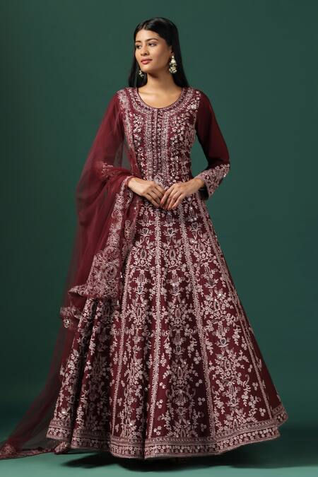 Buy_Two Sisters By Gyans_Maroon Net, Georgette Sequins, Pearls, Bahara Bloom Embroidered Anarkali Set _Online_at_Aza_Fashions