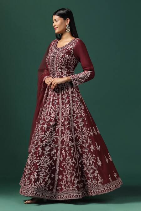 Shop_Two Sisters By Gyans_Maroon Net, Georgette Sequins, Pearls, Bahara Bloom Embroidered Anarkali Set _Online_at_Aza_Fashions