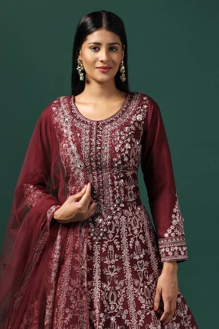 Two Sisters By Gyans_Maroon Net, Georgette Sequins, Pearls, Bahara Bloom Embroidered Anarkali Set _at_Aza_Fashions
