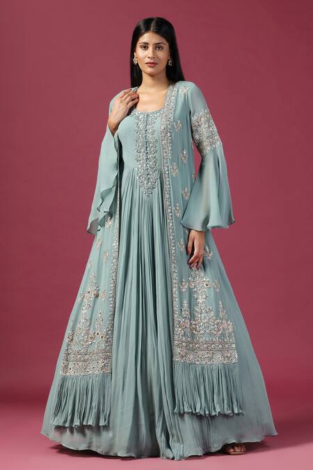 Two Sisters By Gyans_Green Georgette Sequins, Cut Work Round Blossom Embroidered Cape Anarkali Set _Online_at_Aza_Fashions