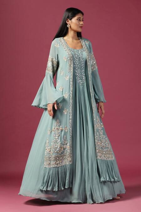 Buy_Two Sisters By Gyans_Green Georgette Sequins, Cut Work Round Blossom Embroidered Cape Anarkali Set _Online_at_Aza_Fashions