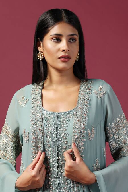 Shop_Two Sisters By Gyans_Green Georgette Sequins, Cut Work Round Blossom Embroidered Cape Anarkali Set _Online_at_Aza_Fashions