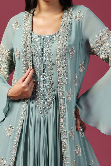 Two Sisters By Gyans_Green Georgette Sequins, Cut Work Round Blossom Embroidered Cape Anarkali Set _at_Aza_Fashions