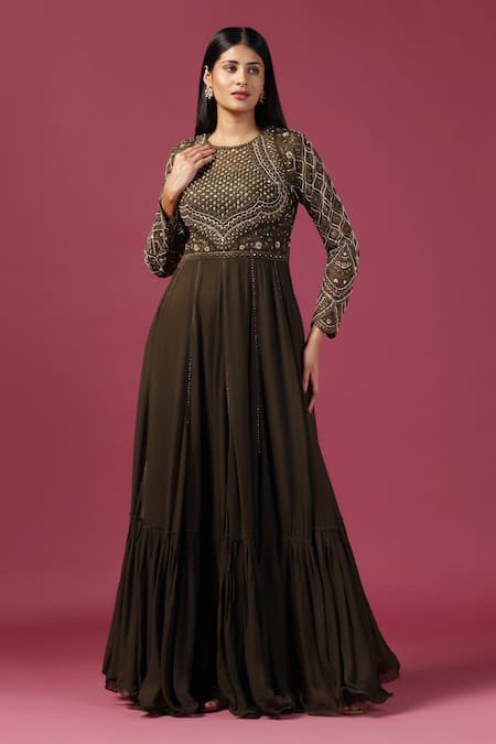 Two Sisters By Gyans_Green Georgette Cut Work, Sequins Collared Bahara Jaal Embroidered Anarkali Set _Online_at_Aza_Fashions