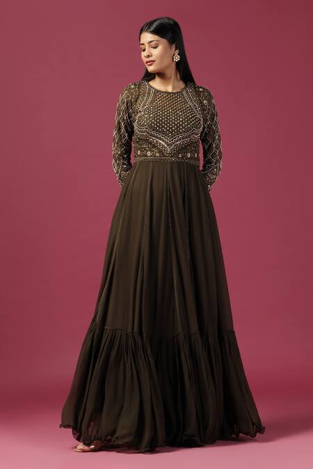 Buy_Two Sisters By Gyans_Green Georgette Cut Work, Sequins Collared Bahara Jaal Embroidered Anarkali Set _Online_at_Aza_Fashions