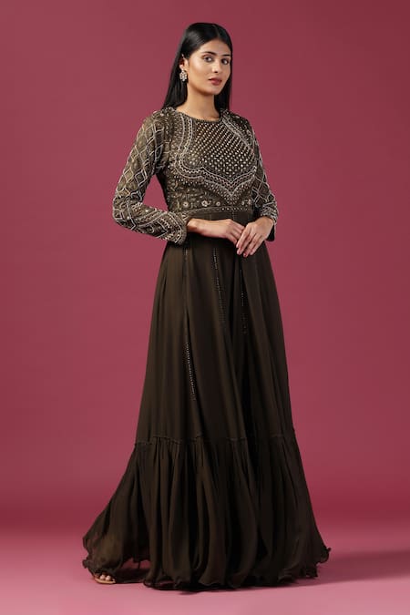 Shop_Two Sisters By Gyans_Green Georgette Cut Work, Sequins Collared Bahara Jaal Embroidered Anarkali Set _Online_at_Aza_Fashions
