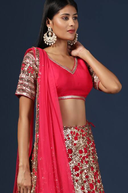 Buy_Two Sisters By Gyans_Pink Net, Georgette Sequins Asymmetric Meadow Embroidered Lehenga Set _Online_at_Aza_Fashions