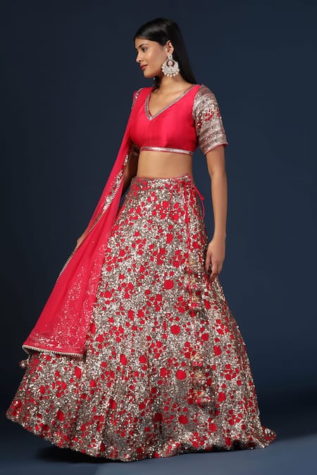 Shop_Two Sisters By Gyans_Pink Net, Georgette Sequins Asymmetric Meadow Embroidered Lehenga Set _Online_at_Aza_Fashions