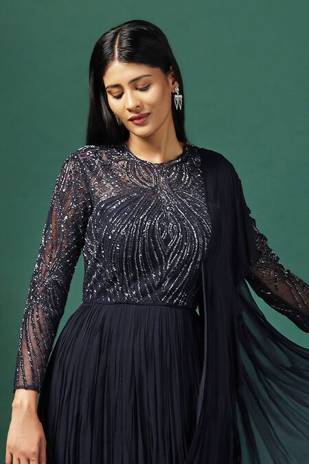 Two Sisters By Gyans_Blue Georgette Sequins, Cut Work Collared Navy Cutdana Drape Gown _Online_at_Aza_Fashions