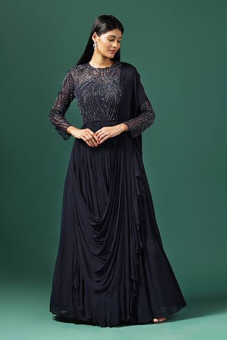 Buy_Two Sisters By Gyans_Blue Georgette Sequins, Cut Work Collared Navy Cutdana Drape Gown _Online_at_Aza_Fashions